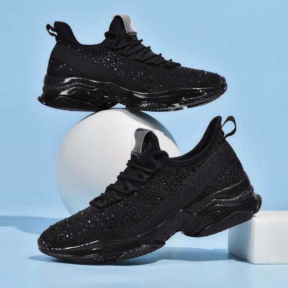 Women Black Rhinestone Mesh Slip On Walking Breathable Sparkle Glitter Sneaker - Picture 2 of 9